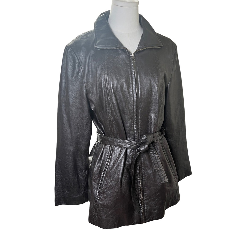 Leather Jacket Belted Zip Front Mid Length Colebrook Black Women L